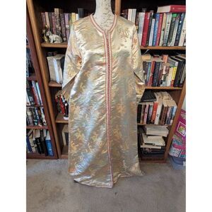 Moroccan Vintage Caftan in Gold Metallic Brocade, Maxi Gown Dress Kaftan L/XL